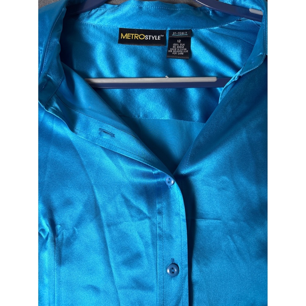100% Silk Satin Button Down Shirt Bright Blue Long Sleeve Size 12